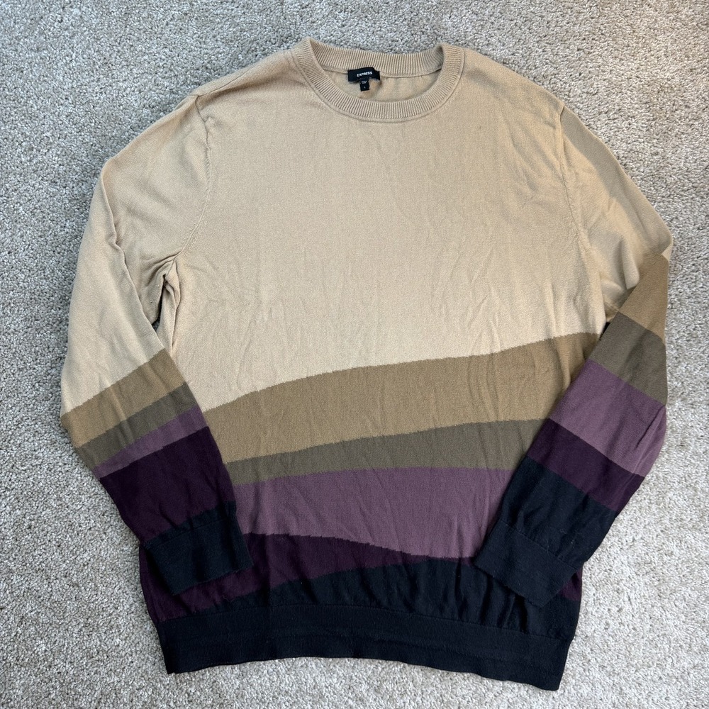 Express Sweater Mens Large Beige Striped Tight Knit Crewneck Pullover Cotton